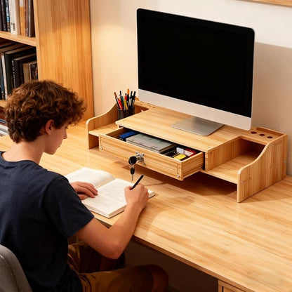 Desktop Computer Elevated Stand 48.8x20x10.5cm, Wooden Monitor Riser - Image 3