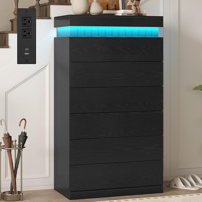 Tall Black 6 Dresser for Bedroom, Sliding Top Storage Space, Modern Wood Drawers by UPOSOJAWishesYouaNiceDay