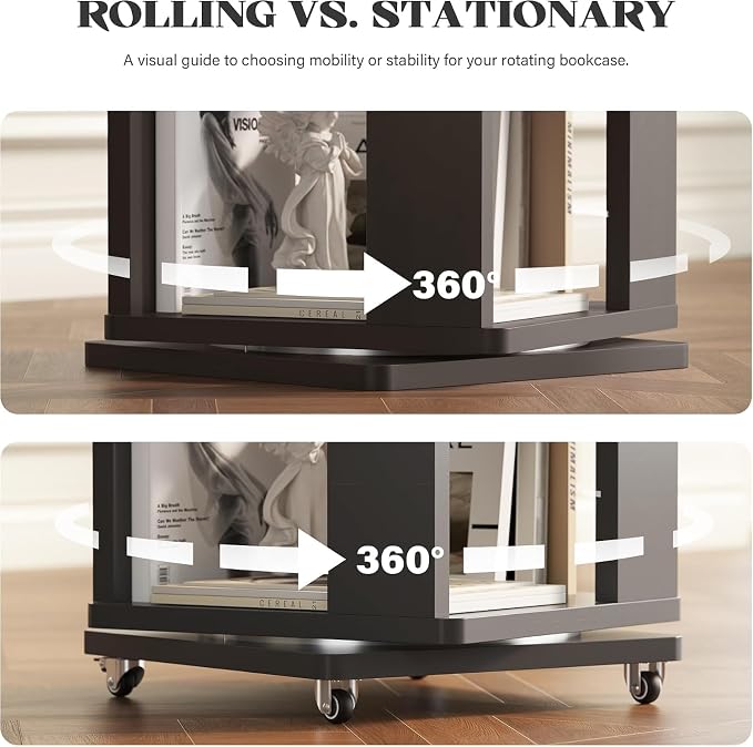6 Tier Solid Wood Rotating Bookshelf Tower on Wheels, 360° Upgrade Spinning - Image 3