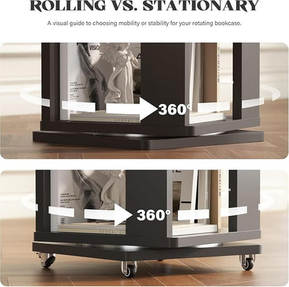 6 Tier Solid Wood Rotating Bookshelf Tower on Wheels, 360° Upgrade Spinning - Image 3