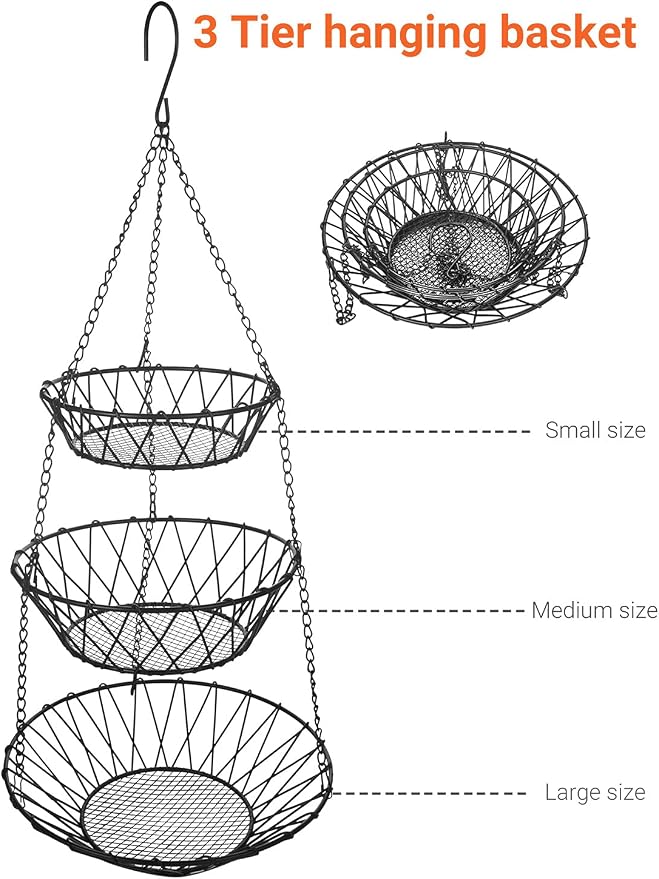 3 Tier Hanging Basket with Sturdy Metal Chain Hanging Hooks | Fruit and - Image 6