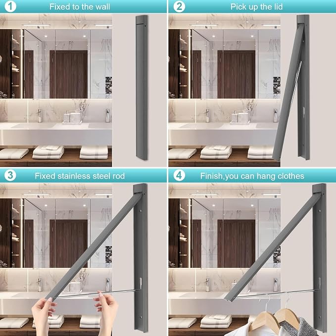No Drill Wall Mounted Drying Rack 65 lb Aluminum, Fold away wall mount saves - Image 5