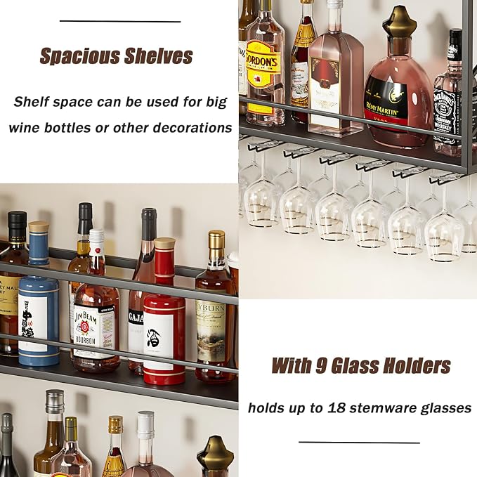 Wall Mounted Wine Rack with Glass Holder, 2-Tier Multi-Functional Shelf - Image 5