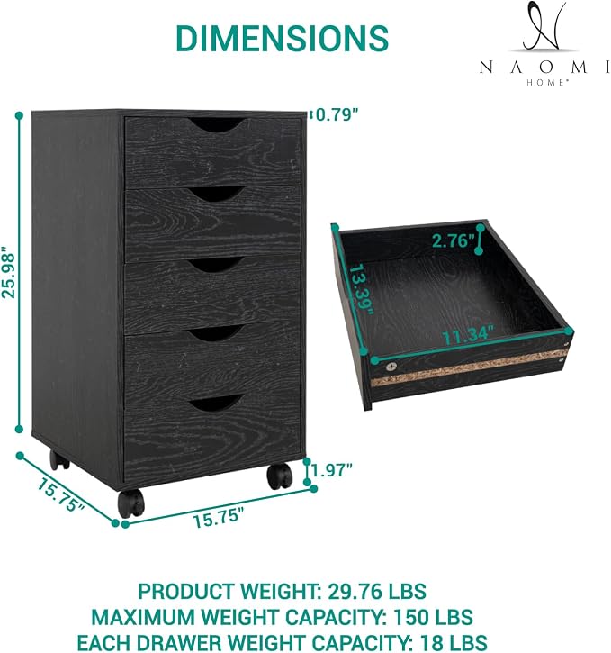 Naomi Home 5-Drawer Mobile Storage Cart Under Desk - Image 2