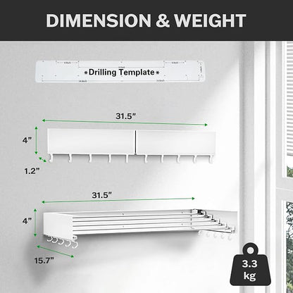 Wall Mounted Laundry Drying Rack, Retractable & Foldable, 31.5" Wide, 13.2 - Image 2