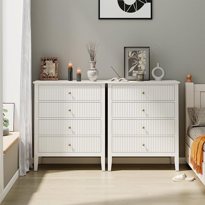 White Fluted 4 Drawer Dresser Set of 2 by Bringyoubetterlife