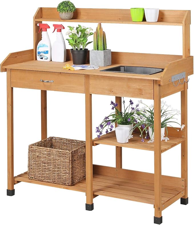 Yaheetech Potting Bench Outdoor Garden Work Bench Station Planting Solid Wood by Unknown