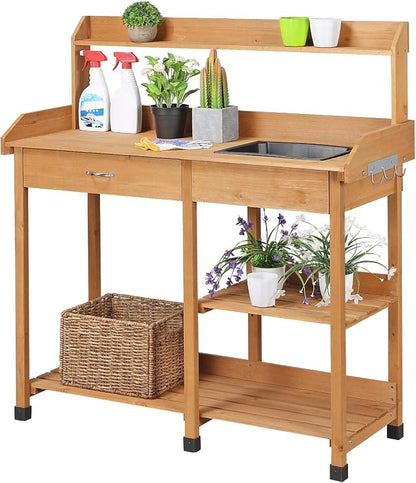 Yaheetech Potting Bench Outdoor Garden Work Bench Station Planting Solid Wood by Unknown