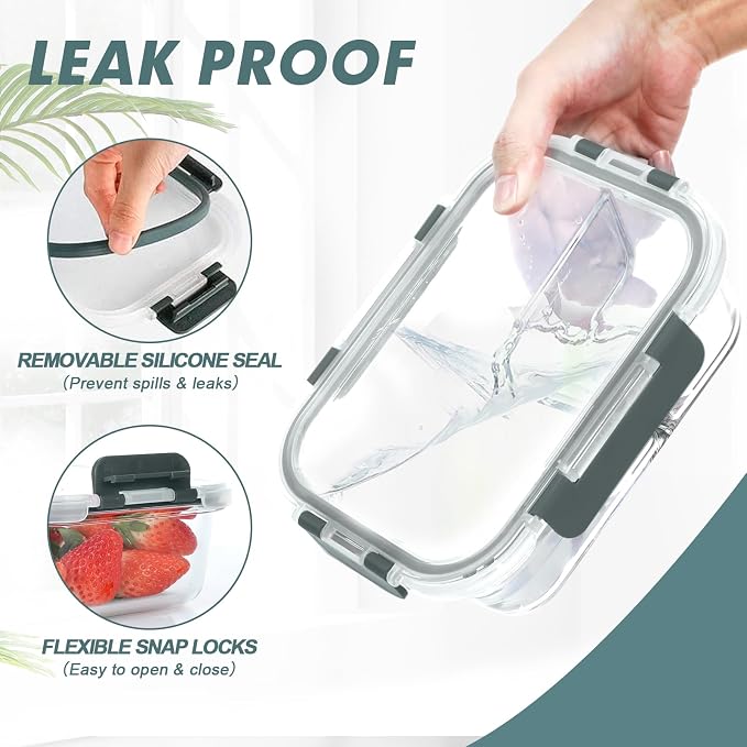 KOMUEE Glass Meal Prep Containers 3 Compartments, 5 Pack 36 oz, Glass Food - Image 7