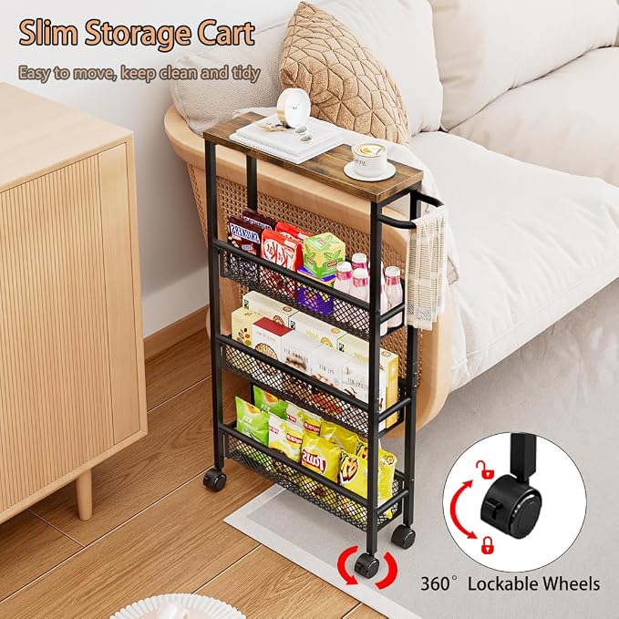 Slim Rolling Cart 4 Tier Narrow Storage Cart on Wheels - Image 4