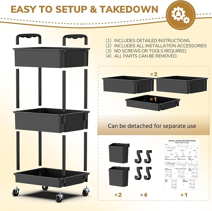 Goovilla Diaper Cart with Lockable Wheels and Easy Assembly, 3 Tier Black - Image 6