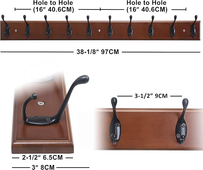 Dseap Coat Rack Wall Mounted: 10-Hooks, 38-1/4" Long, Wood Coat Hooks Wall - Image 2