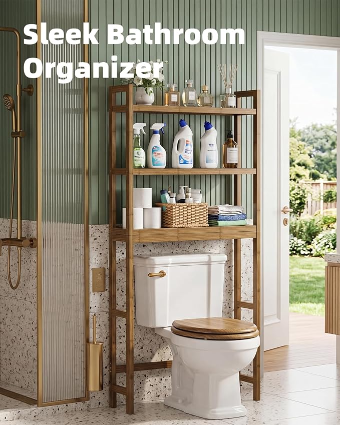 SMIBUY Bathroom Storage Shelf, Bamboo Over-The-Toilet Organizer Rack, - Image 4
