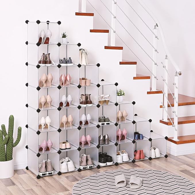 SONGMICS Shoe Rack with 32 Cubes, Interlocking Plastic Shoe Organizer, DIY - Image 2