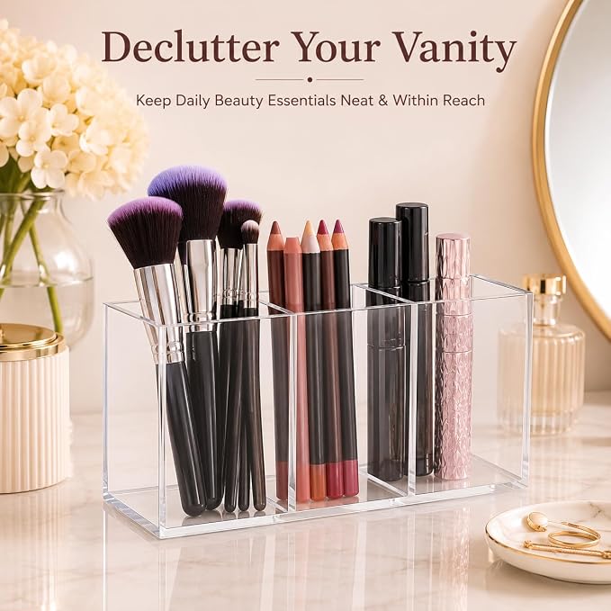 Tofficu Acrylic Makeup Brush Holder, 3 Compartment Clear Cosmetic Organizer - Image 4
