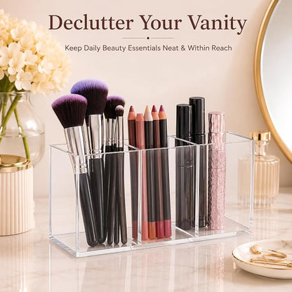 Tofficu Acrylic Makeup Brush Holder, 3 Compartment Clear Cosmetic Organizer - Image 4