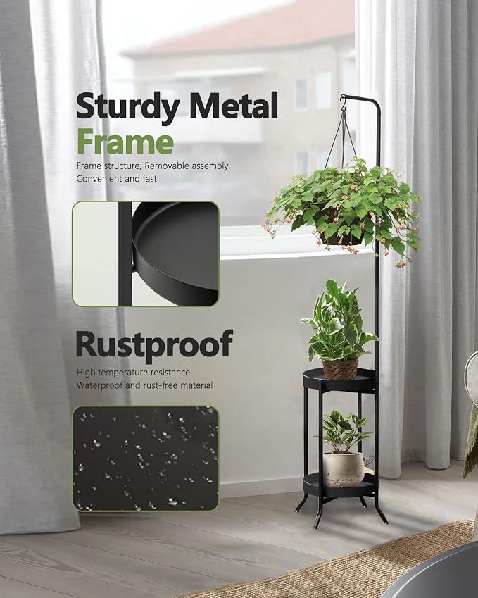 RINBOU 2Pcs Hanging Plant Stand Indoor Outdoor, Space-Saving Corner Metal Plant - Image 4