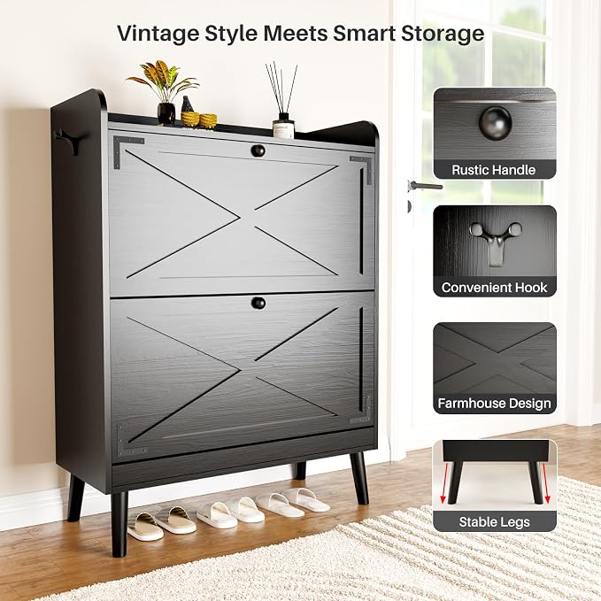 Shoe Storage Cabinet with 2 Flip Drawers, Freestanding Entryway Shoe Cabinet - Image 6