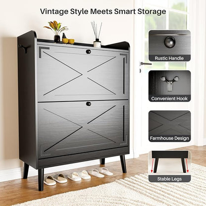 Shoe Storage Cabinet with 2 Flip Drawers, Freestanding Entryway Shoe Cabinet - Image 6