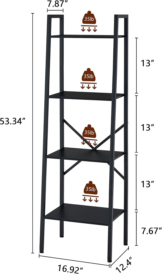 Hoctieon 4-Tier Industrial Ladder Bookshelf, Narrow Ladder Shelf, Tall Standing - Image 2