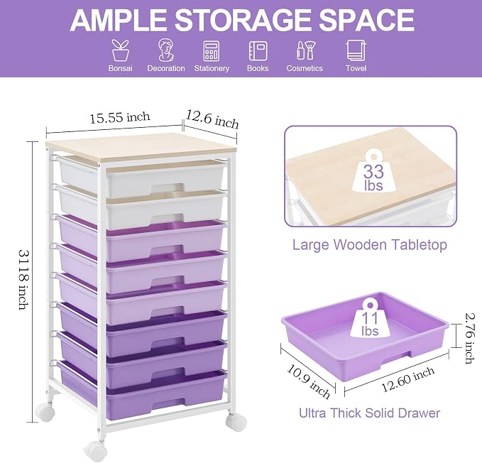 Rolling Cart with Drawers, Utility Cart With 8 Drawers and Wooden Tabletop - Image 2