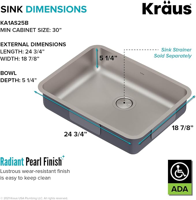 KRAUS Dex 25-inch Undermount 16 Gauge Stainless Steel Single Bowl ADA Kitchen - Image 7