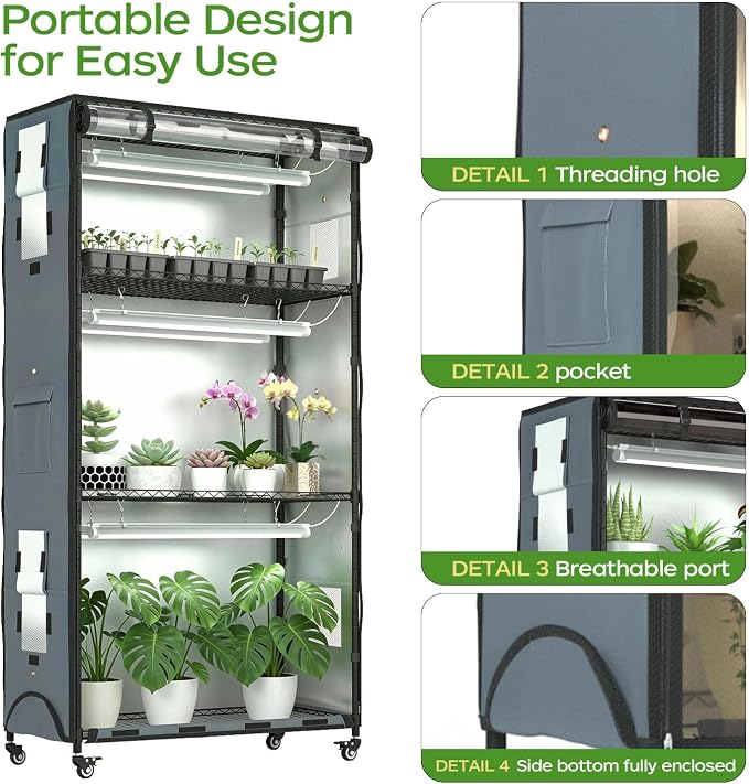 Indoor Greenhouse with Grow Lights & Cover, Plant Stand with Wheels | - Image 4
