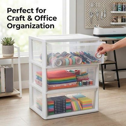 Wide 3-Drawer Plastic Storage Tower Organizer, 25.25" High, Drawer Stops & - Image 6