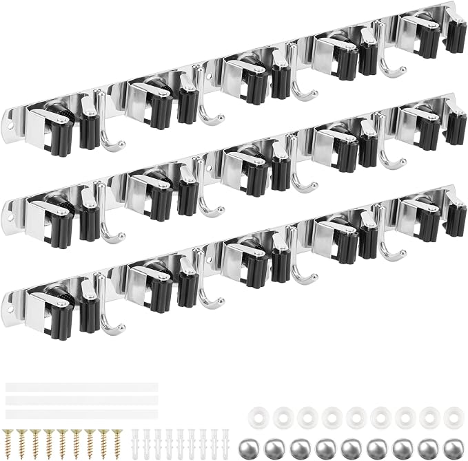 3 Pack Broom Holder Wall Mount 5 Racks 4 Hooks Stainless Steel Broom Mop Holder - Image 8