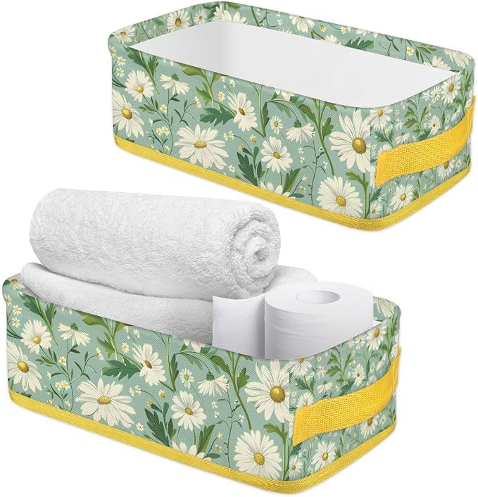 Daisy Green White Flowers Bathroom Storage Basket, Foldable - Image 3