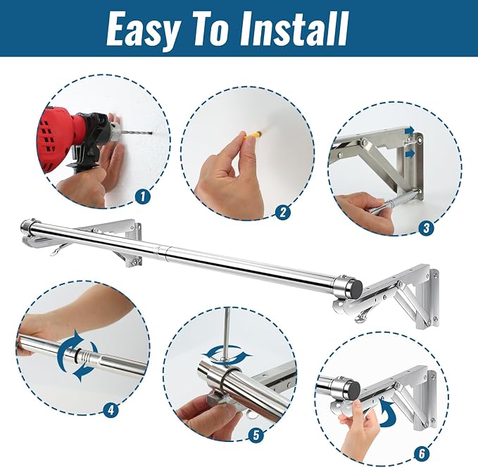 Foldable Wall Mounted Clothes Rack-30'' Long Rod&2 Thick Bases, Stainless Steel - Image 6
