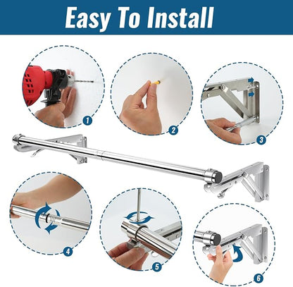 Foldable Wall Mounted Clothes Rack-30'' Long Rod&2 Thick Bases, Stainless Steel - Image 6