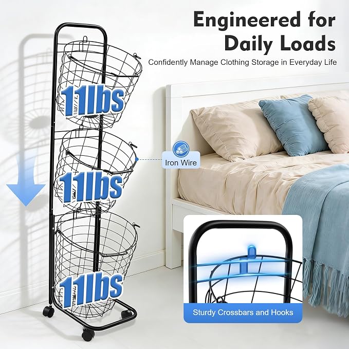 Laundry Basket on Wheels, 3 Tier Large Laundry Hampers, 10.4 * 13 * 48.4inch - Image 2