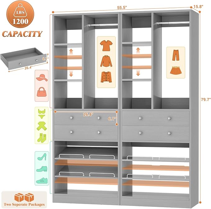 Besiost Closet System, 55.5"/4.6 FT Closet Organizer System - Image 2