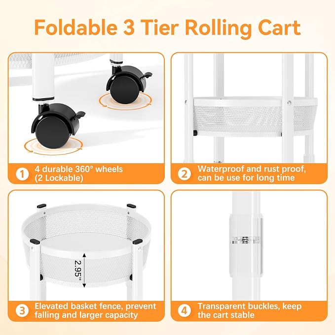 TOOLF 3 Tier Foldable Rolling Cart, Metal Utility Storage Cart, Lockable Wheels - Image 5