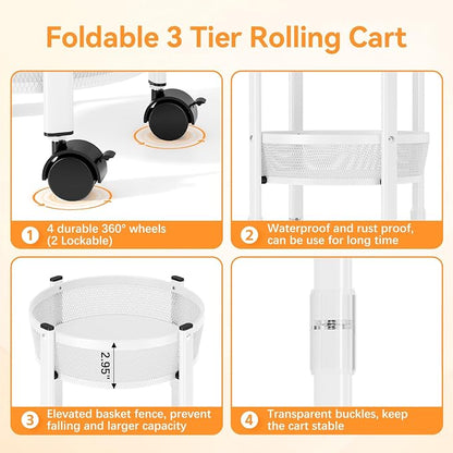 TOOLF 3 Tier Foldable Rolling Cart, Metal Utility Storage Cart, Lockable Wheels - Image 5