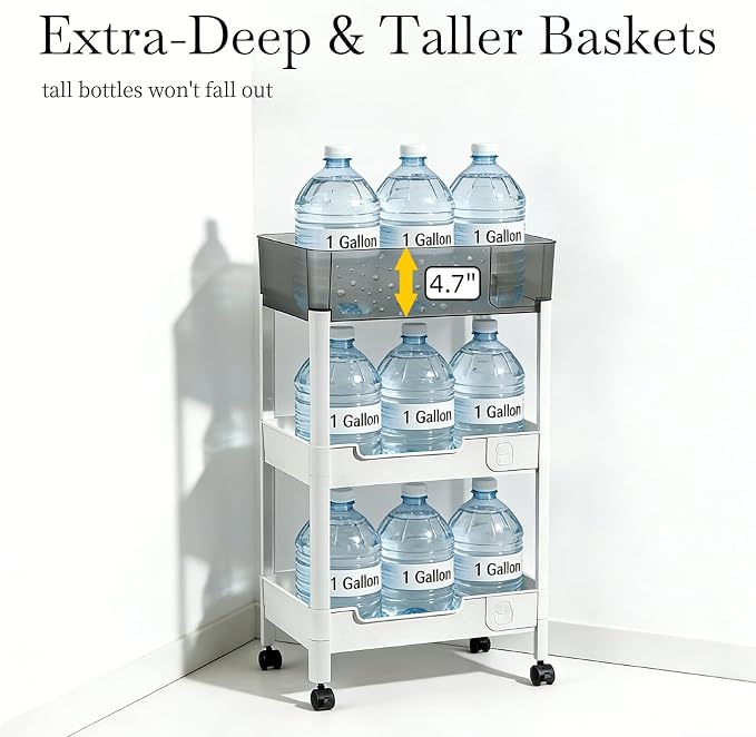 3 Tier Rolling Cart with Wheels 4.7'' Deep Baskets Bathroom Storage Shelf Heavy - Image 2