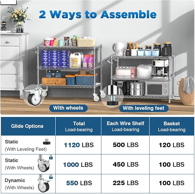 Leteuke 1120LBS Heavy Duty Rolling Utility Cart, 3 Tier Rolling Carts - Image 4