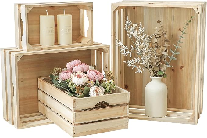 Large Wooden Crates Unfinished Set of 4 Storage Crates, Decorative Wood Storage by JUMBOHUMBLE
