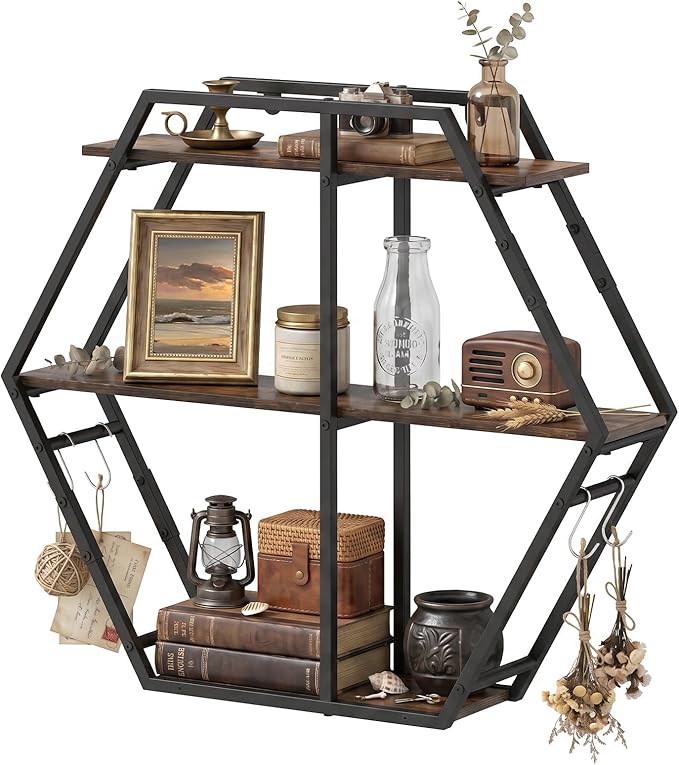 Tangkula Hexagon Wall Shelf, 3-Tier Geometric Bookcase by TANGKULA