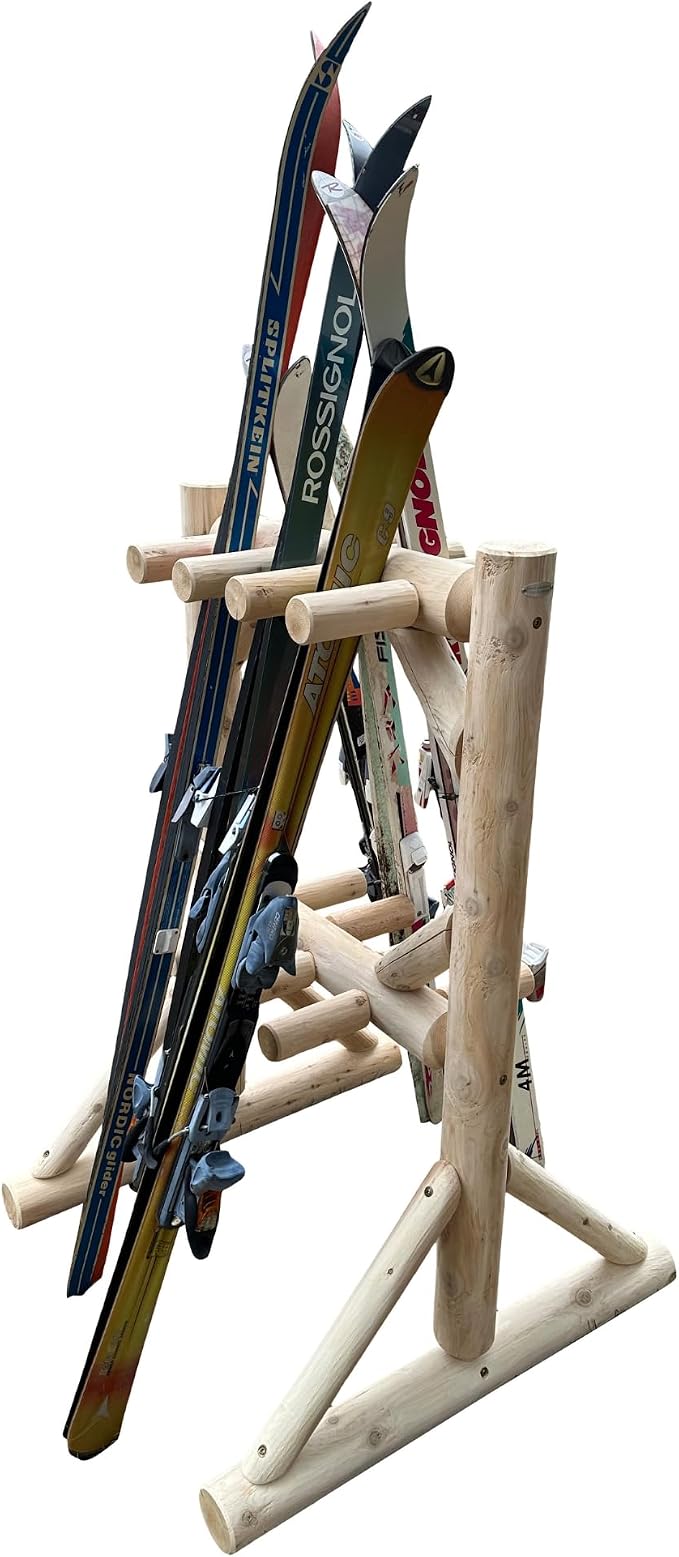 8-Place Freestanding Log Ski Rack Holder, Indoor & Outdoor Snowboard Racks by LogKayakRack