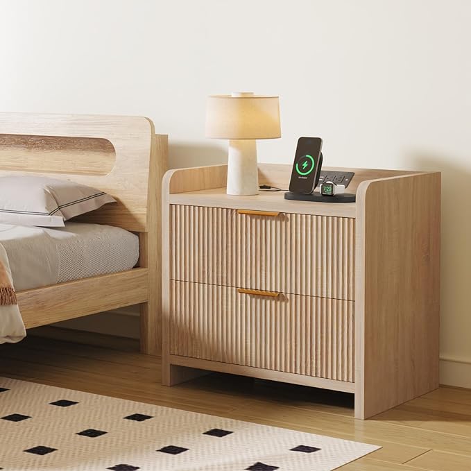 Fluted Nightstand with Charging Station, 23.6" Modern Night Stand with 2 Drawers - Image 2