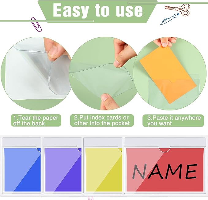 Chinco 50 Pack 3" x 5" Clear Adhesive Pockets, Index Card Pockets - Image 4