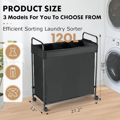 120L Laundry Hamper with Wheels, Rolling Laundry Sorter cart with Metal Frame - Image 2