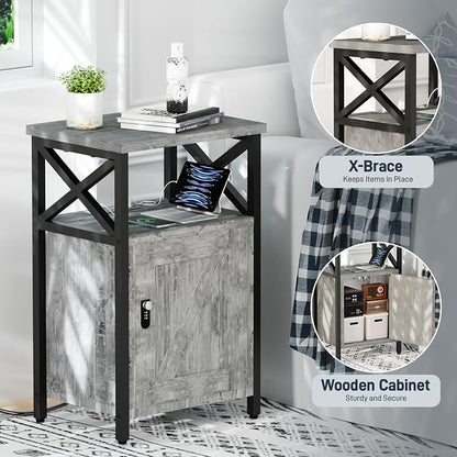 runjuly Wooden Nightstand with Lock Cabinet and Charging Station, Ash Grey | - Image 5