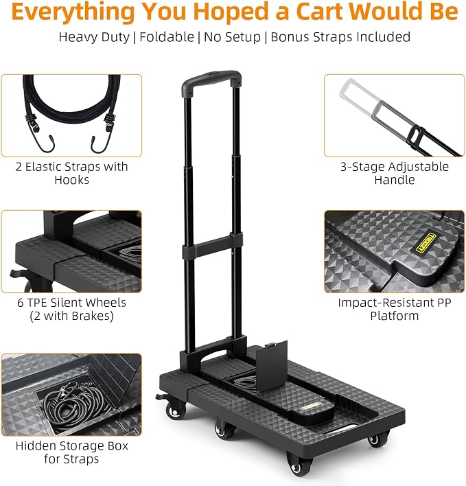 Dolly Cart with Wheels 440lbs, Folding Hand Truck with 6 TPE Wheels & 21 in - Image 6