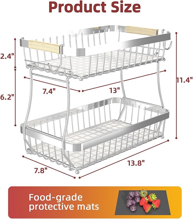 2-Tier Fruit Basket with Banana Hangers, Detachable Metal Bowl | Wooden handle - Image 7