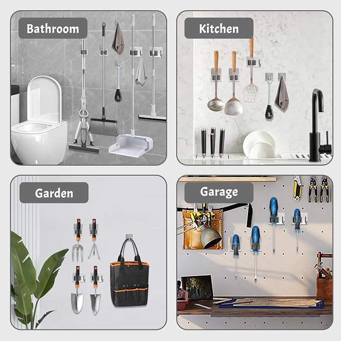 Daily Treasures 6 Pcs Stainless Steel Broom Holder Wall Mount Self Adhesive - Image 5