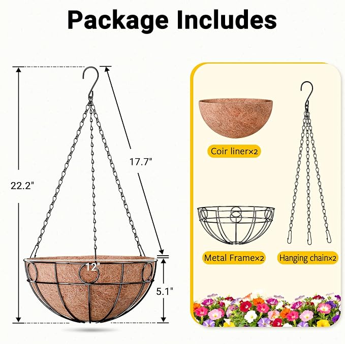 2 Pack Round Hanging Baskets for Plants Outdoor, 12 Inch Metal Wire Planter - Image 5