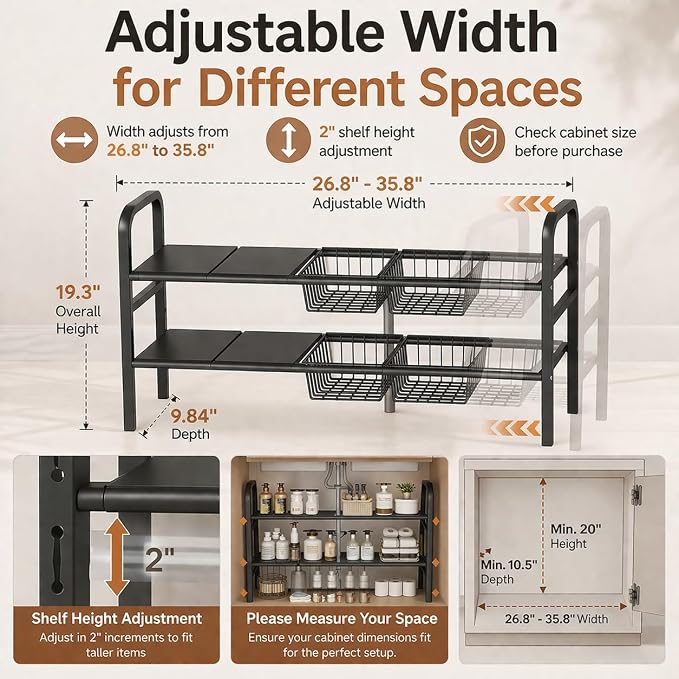 Under Sink Organizer, Expandable 2 Tier Storage Rack, 26.8" to 35.8" Adjustable - Image 3
